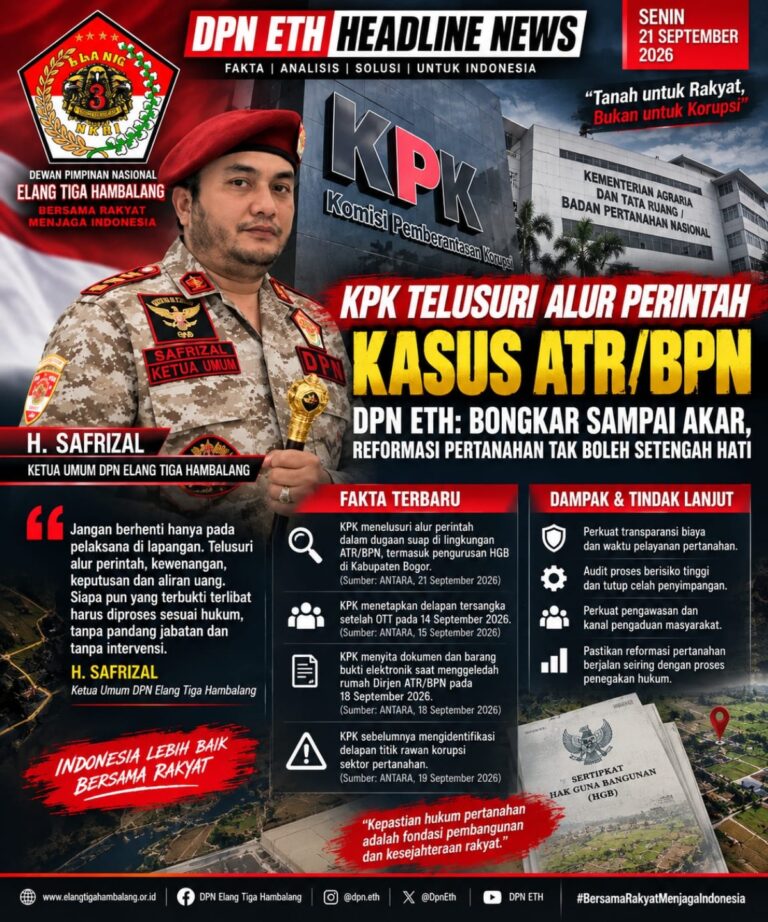 DPN ETH desak KPK usut tuntas suap HGB ATR/BPN Bogor, usut alur perintah atasan, dan benahi titik rawan korupsi sistemik.